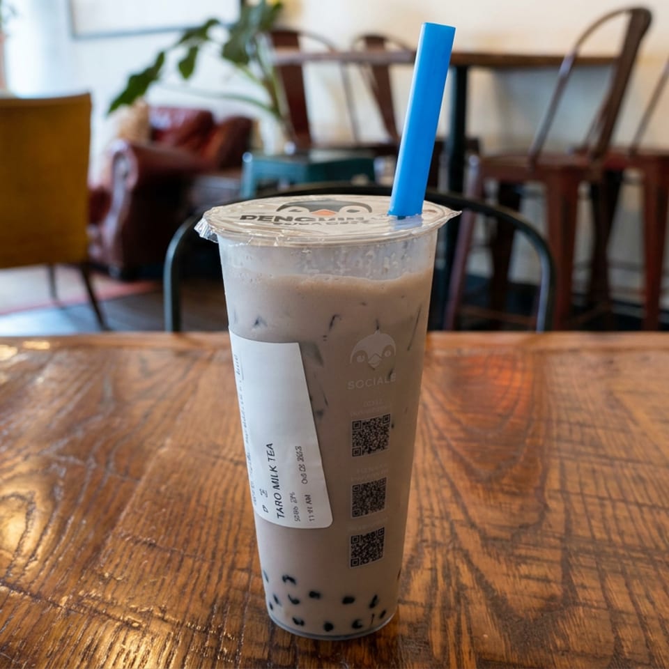 Iced taro milk tea with tapioca pearls and a blue straw on a wooden café table.