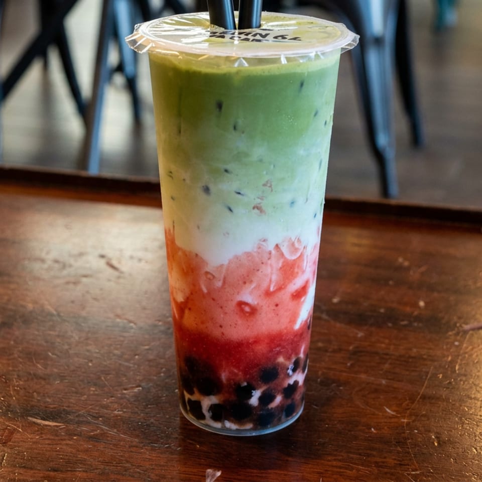 Layered strawberry matcha bubble tea with tapioca pearls sits on a wooden café table.
