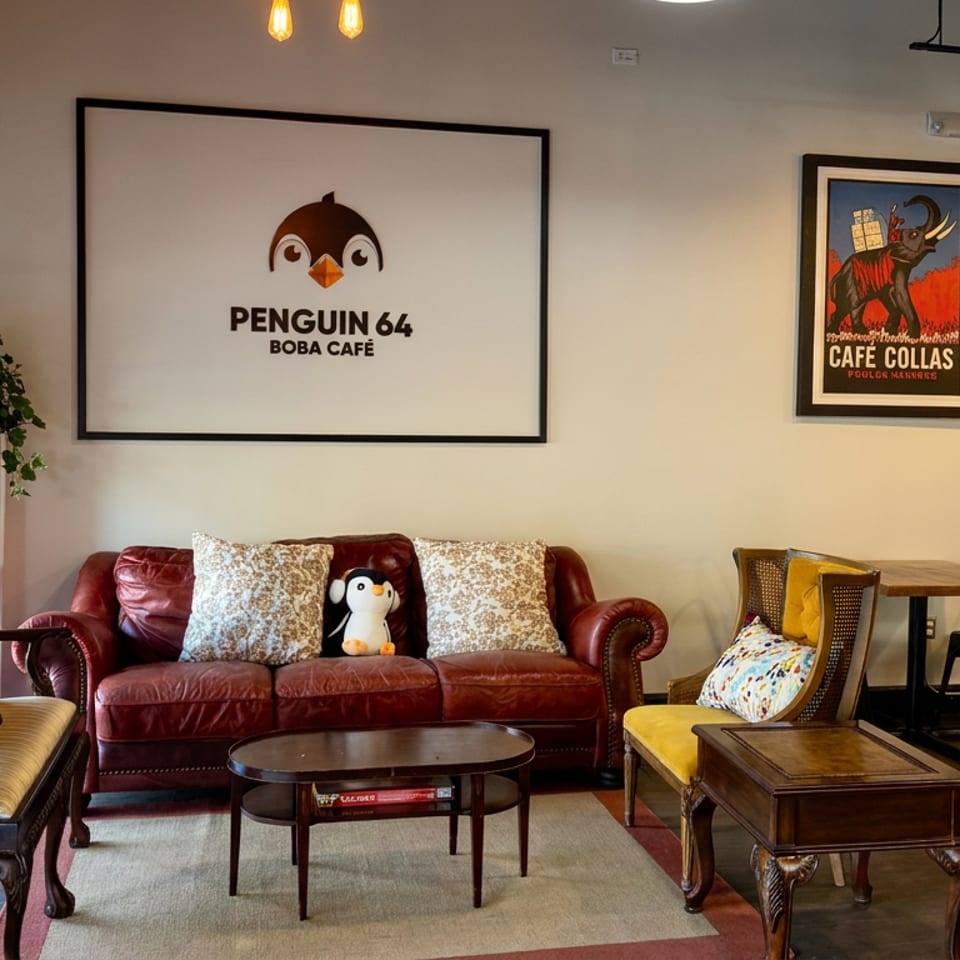 Cozy Penguin 64 Boba Café interior with leather sofa, plush chairs, coffee tables, dining tables, and colorful wall art.